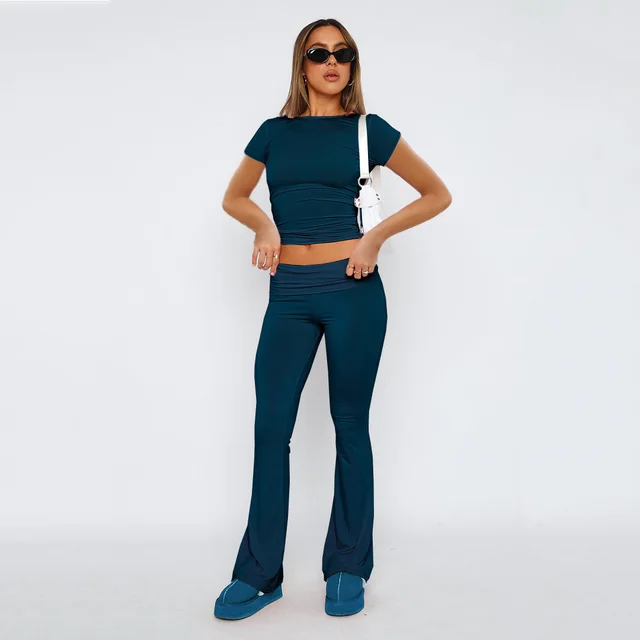 Fashion Slimming Solid Color Blouse And Pants Women Dark Blue Suit Short Sleeve - Shop at LoveMi