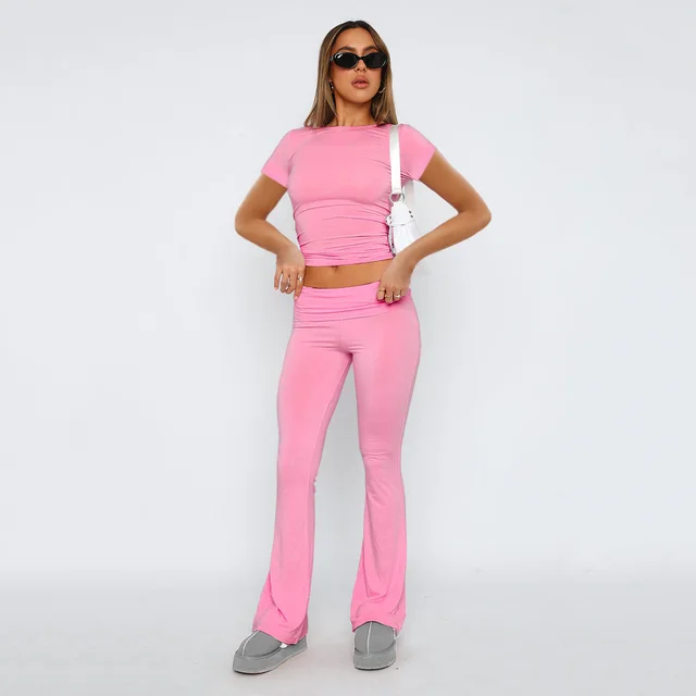 Fashion Slimming Solid Color Blouse And Pants Women Dark Pink Suit Short Sleeve - Shop at LoveMi