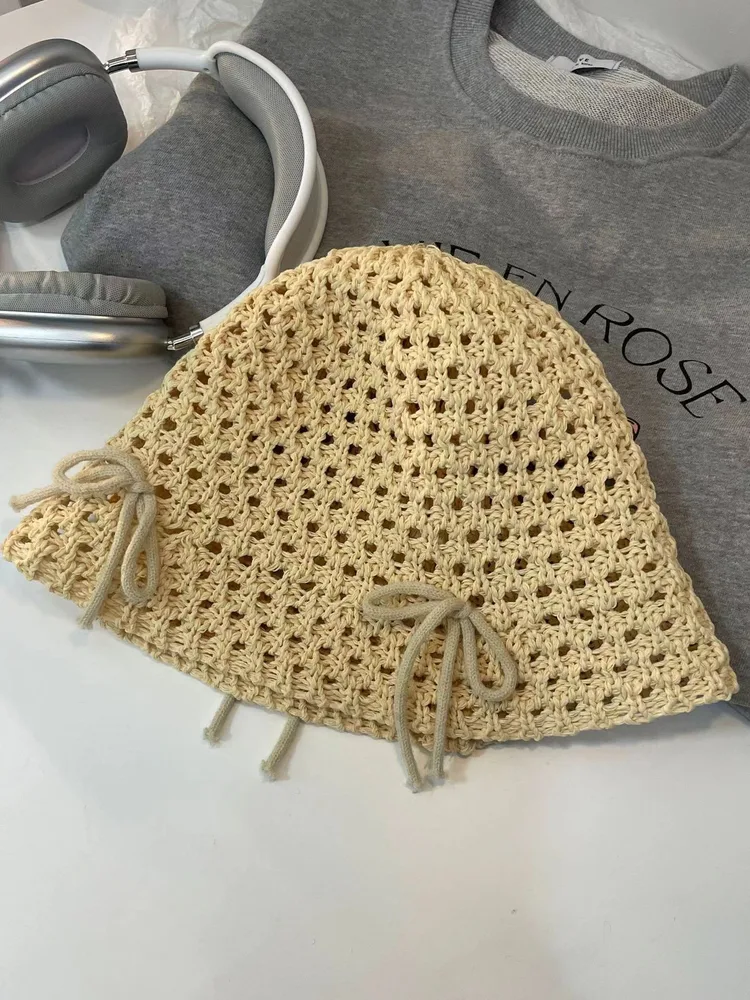 Summer Sun Hat Women's Woven Hollowed Travel Split Cap Straight Bow Beige - Shop at LoveMi