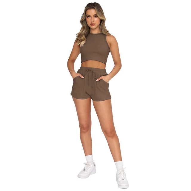 Summer Casual Short Solid Color Vest Suit Khaki - Shop at LoveMi