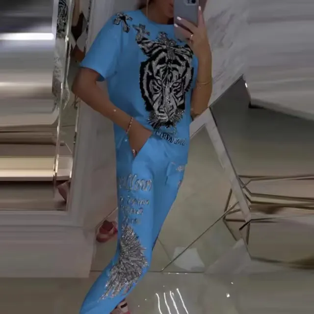 Summer New Printed Round Neck Short Sleeve Trousers Two piece Set Blue - Shop at LoveMi