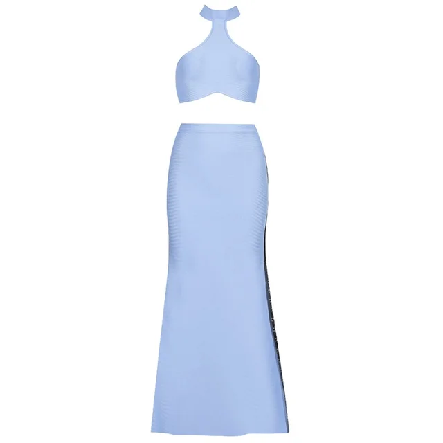 Halter Exposed Back Blue Round Neck Two piece Suit Sheath Dress Sky Blue - Shop at LoveMi