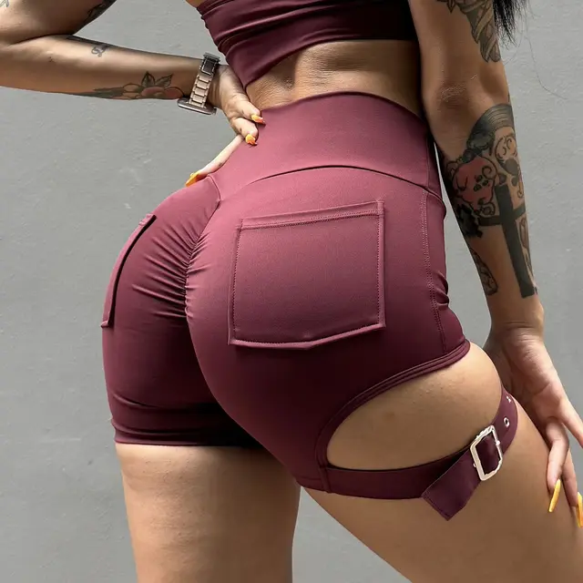 Cargo Pocket Hip Lifting Fitness Shorts Wine Red - Shop at LoveMi