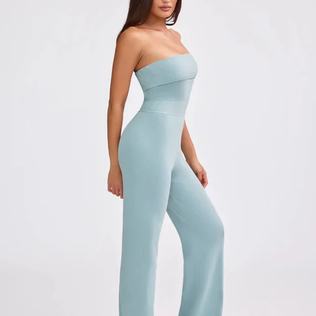 Backless Knitted Tube Top Jumpsuit Women's Fashion Light Blue - Shop at LoveMi