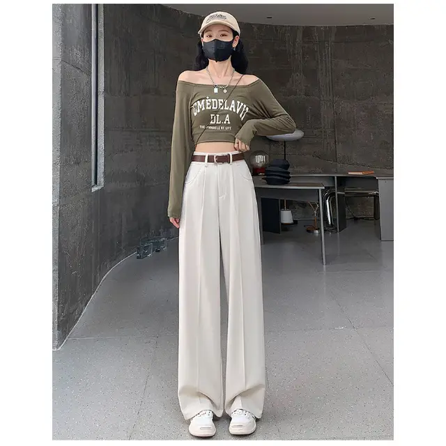 New High Waist Drooping Suit Pants Women Almond White - Shop at LoveMi