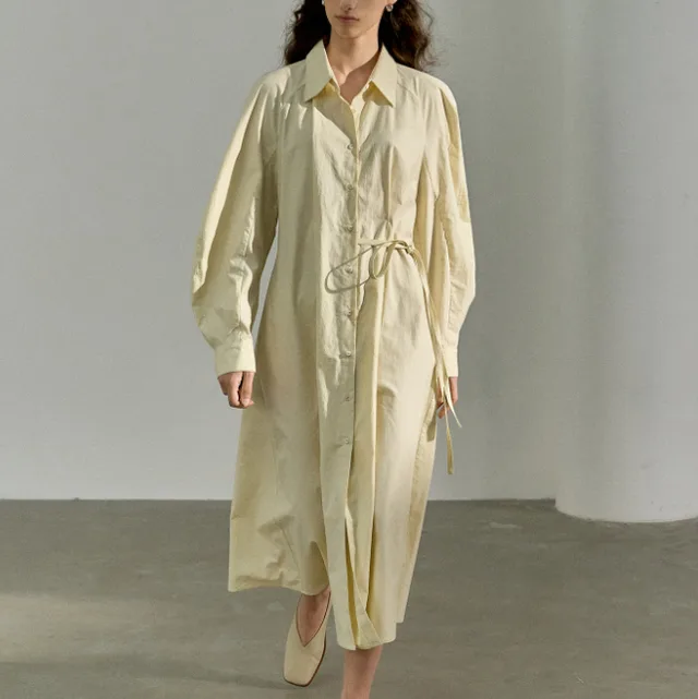 Cotton Brushed Three dimensional Curved Sleeve Fitted Waist Shirt Dress Women Apricot Yellow - Shop at LoveMi
