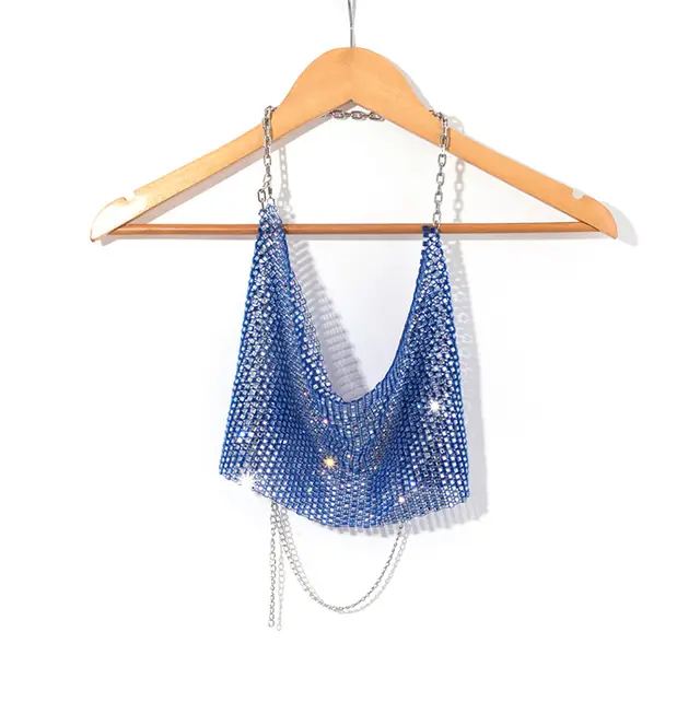 Camisole Women Backless Rhinestone Midriff baring Top Women Sapphire Blue - Shop at LoveMi