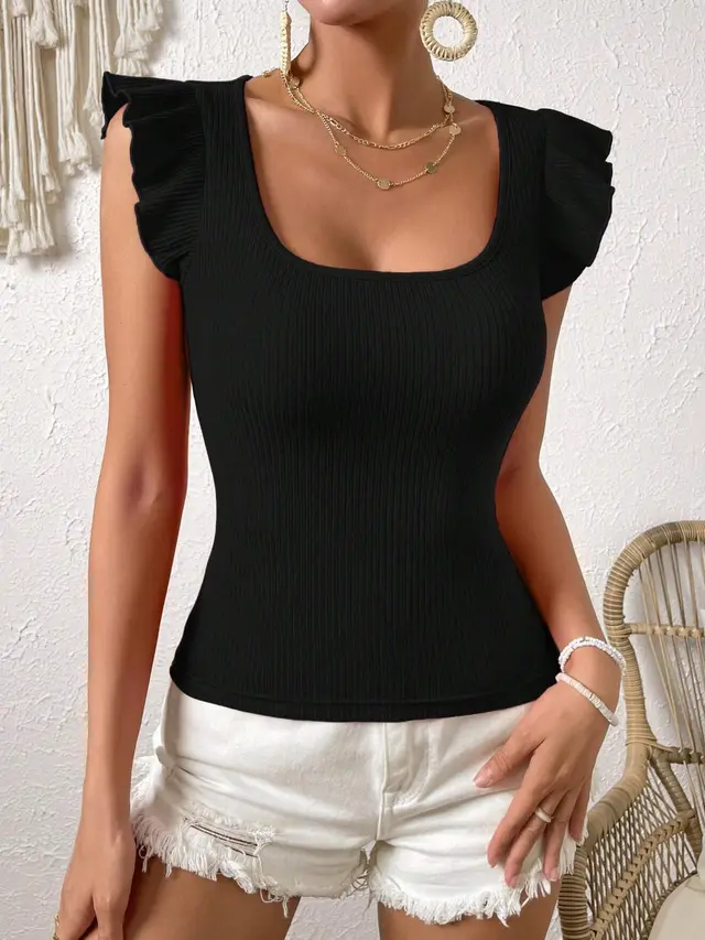 Square Neck Slim Fit T shirt Knitted For Slimming Effect Black - Shop at LoveMi