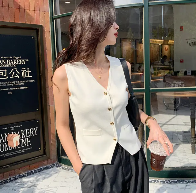 Summer New Women's Clothing Casual V neck Suit Vest Milky White - Shop at LoveMi