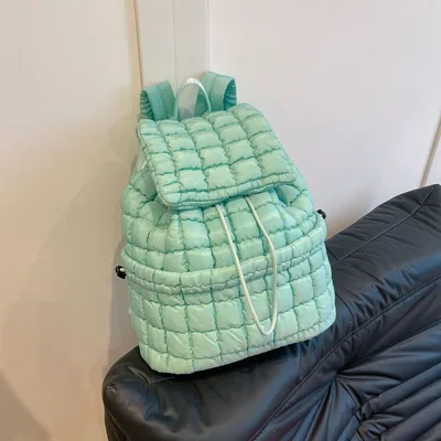 Candy Color Quilted Women Backpack Puffy Down Padded School Bag Large Cotton Travel Back Pack Bags For Women Plaids Shoulder Bag Green - Shop at LoveMi