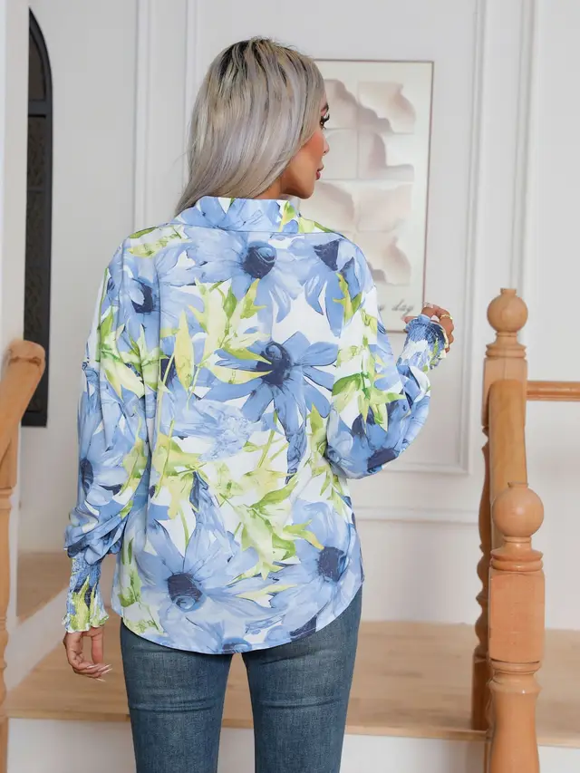 Fashion Printing Lantern Sleeve Shirt Women Blue Flower - Shop at LoveMi