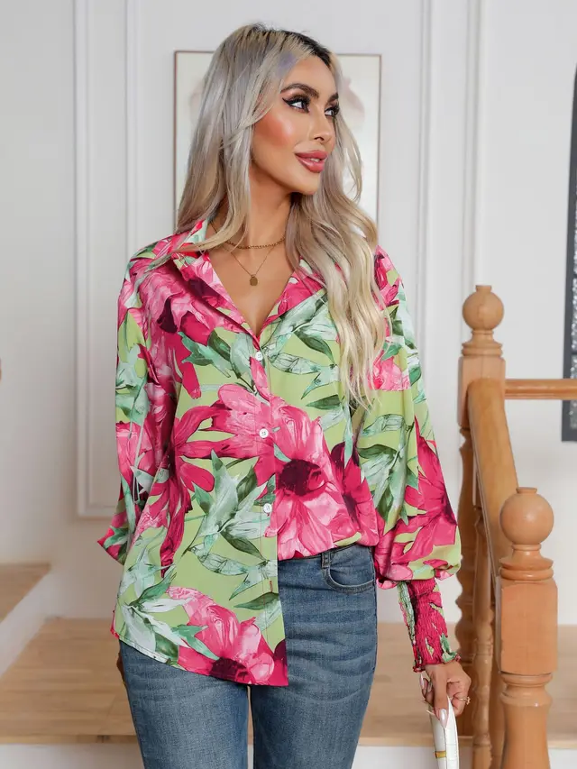 Fashion Printing Lantern Sleeve Shirt Women Red Flower - Shop at LoveMi