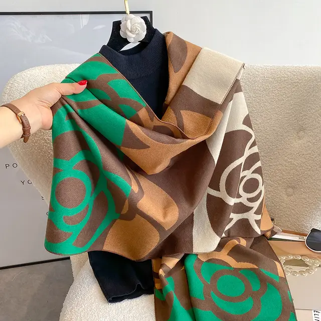 Camellia Double sided Scarf For Women Extra Thick Dual use Fashion Color Matching Green - Shop at LoveMi