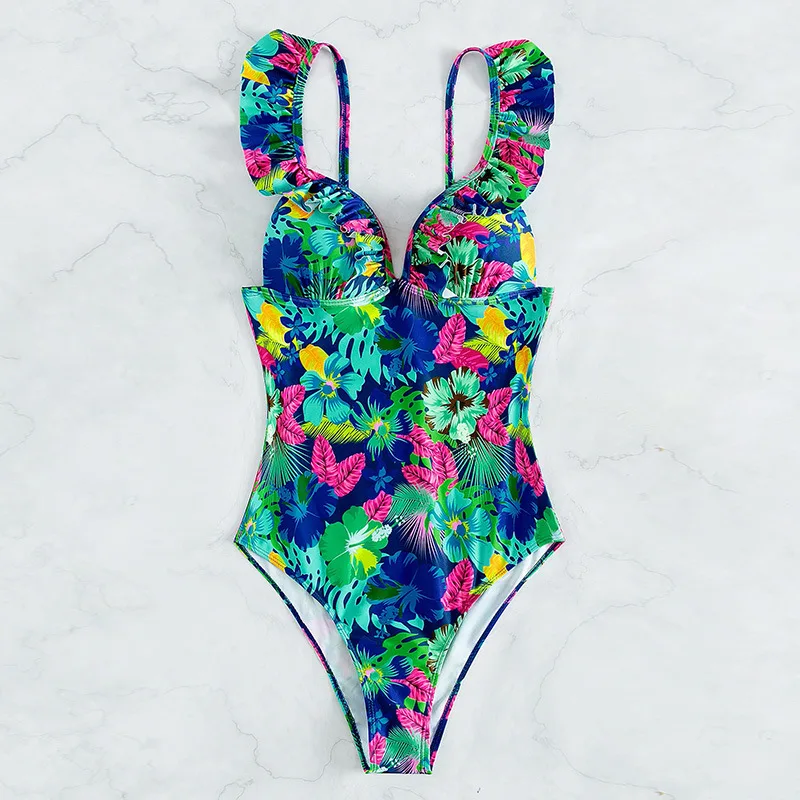 Bikini Ruffled Printed Backless One Piece Swimsuit Women Printing Xl - Shop at LoveMi