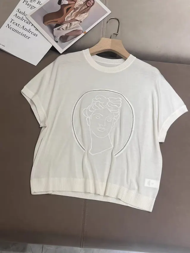 Young Commuter Heavy Industry Beads Pattern Pullover Wool Knitwear Short Sleeve Women White - Shop at LoveMi