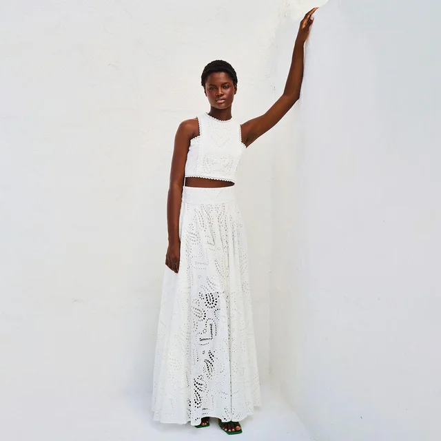 Women's Clothing Elegance Sleeveless Embroidery Lace Long Dress Holiday Suit Two piece Set White - Shop at LoveMi
