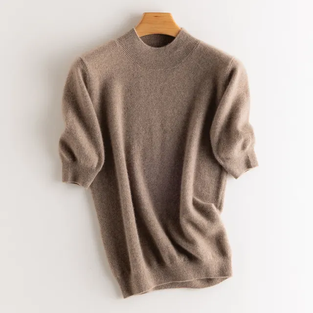 Cashmere Sweater Women's Half Turtleneck Half Sleeve Dark Camel - Shop at LoveMi