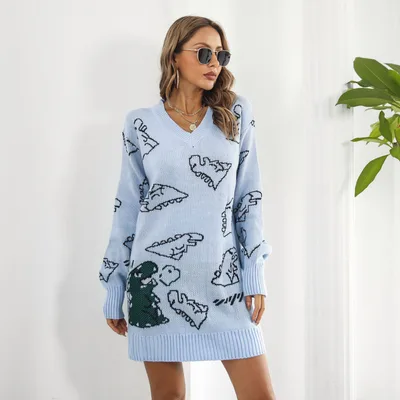 Cute Dinosaur Cartoon Jacquard V neck Long Sleeve Sweater Dress Women's Loose Knitted Dress Autumn And Winter Light Blue - Shop at LoveMi