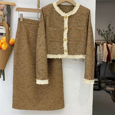 French Lace Splicing Coat Mid length Skirt Two piece Set Khaki Long Pajama Set - Shop at LoveMi