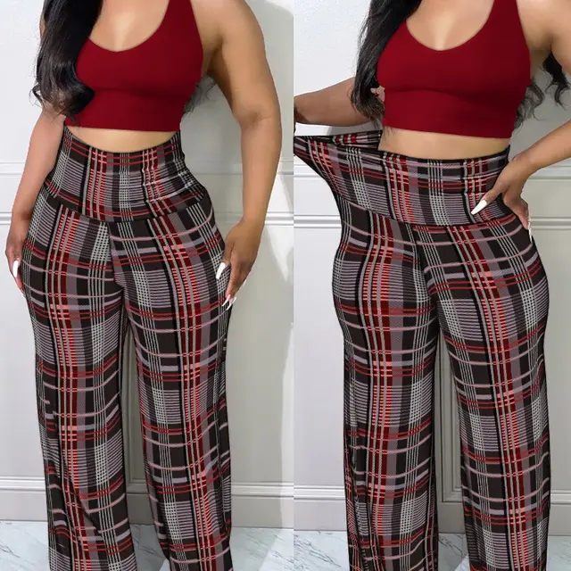 Slim Fit Khaki Plaid High Waist Trousers Mu Color - Shop at LoveMi