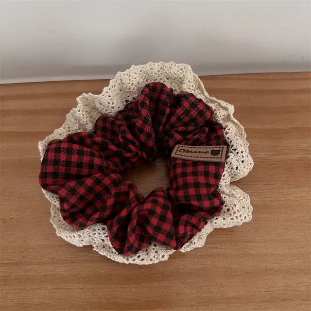 Pastoral Style Plaid Large Intestine Hair Ring Cute Lace Edge Simple Red - Shop at LoveMi