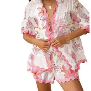All-match Lace Wave Shirt Short Suit - Pink