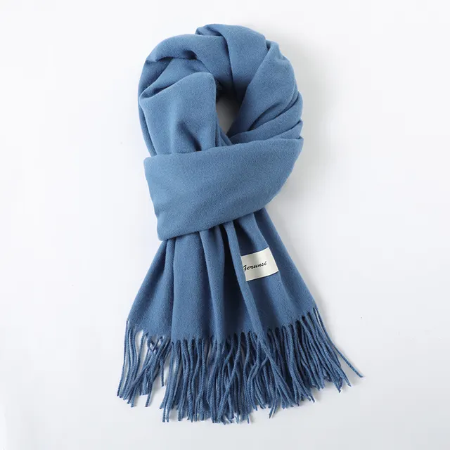 Simple Solid Color Tassel Shawl Autumn And Winter Warm Artificial Cashmere Scarf Denim Blue - Shop at LoveMi