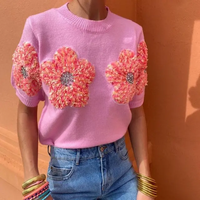 European And American Contrast Color Flower Sweet Pink Round collar Short Sleeve Sweater Pink Red Flower - Shop at LoveMi