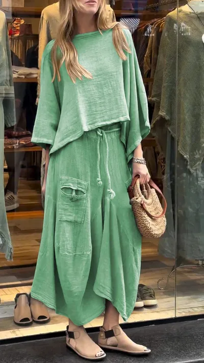 Casual Solid Color Loose Dress Two piece Suit Green - Shop at LoveMi