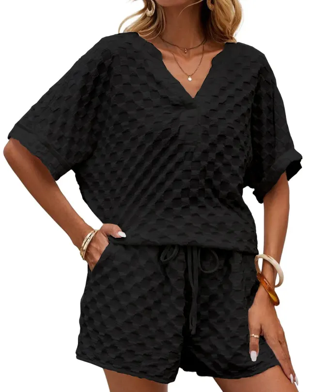 Pullover Top Shorts Solid Color Two piece Set Black - Shop at LoveMi