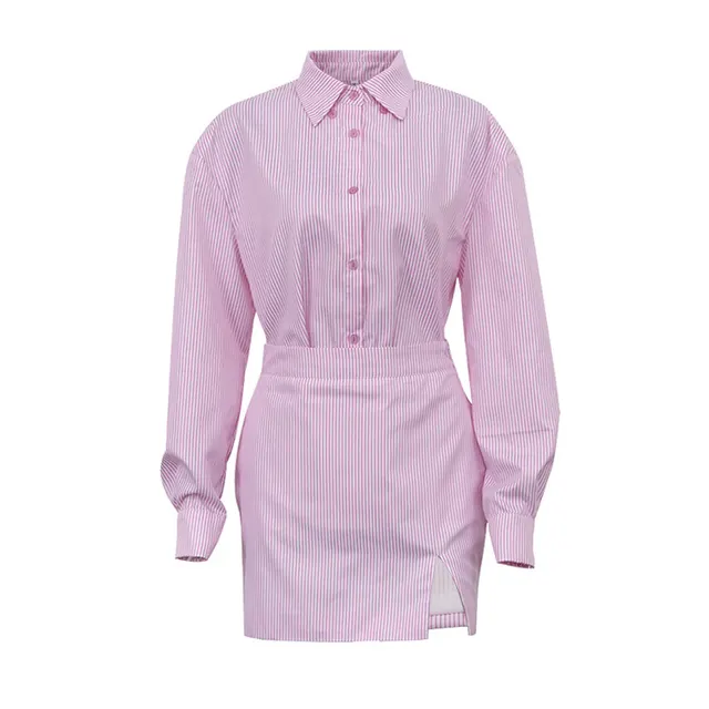 Women's New Lapel Long Sleeve Striped Shirt Sheath Skirt Suit Pink - Shop at LoveMi