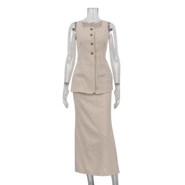 Women's Sleeveless Waistcoat Vest Skirt Suit Apricot - Shop at LoveMi