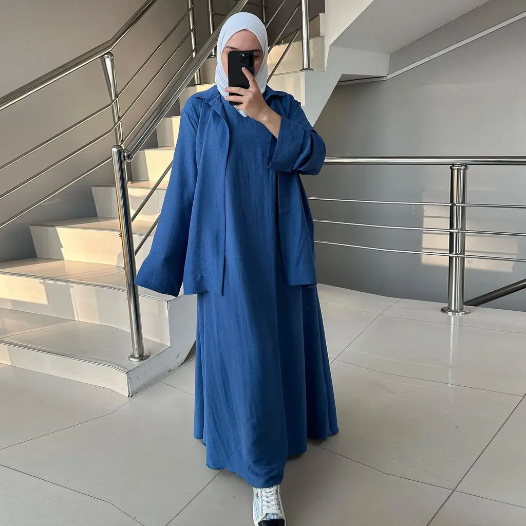 Middle East Arab Fashion Loose Dress Long Sleeve Shirt Outfit - Iq521 Blue