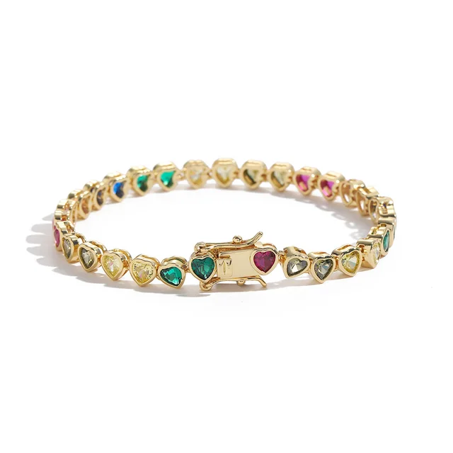 European And American Colorful Tennis Bracelet Heart shaped 4x4mm Couple Twin Tennis Chain Hip Hop Love Chain 8Inch20Cm Gold - Shop at LoveMi