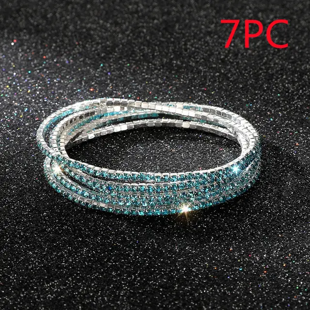 Diamond embedded Stretch Bracelet 2mm Single Row Color Light Aqua Blue 7Pc - Shop at LoveMi