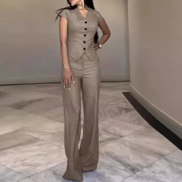 V neck Top Casual Straight Pants Suit Khaki - Shop at LoveMi