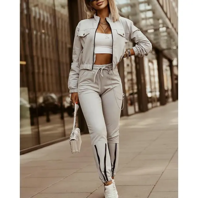 Zipper Design Long Sleeve Top Drawstring Pants Casual Suit Apricot - Shop at LoveMi