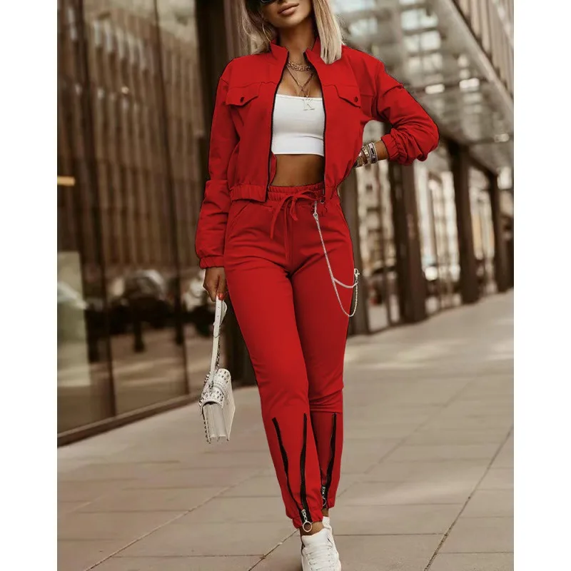 Zipper Design Long Sleeve Top Drawstring Pants Casual Suit Red - Shop at LoveMi