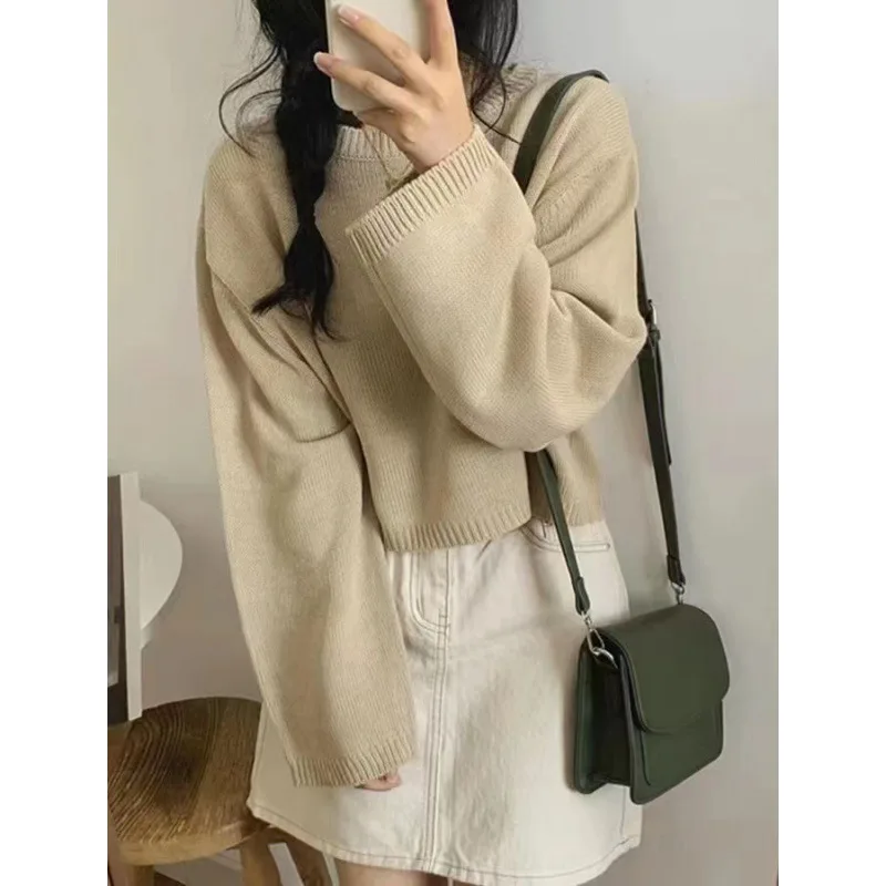 Solid Color Loose Small Short Long Sleeve Round Neck Pullover Sweater Apricot - Shop at LoveMi