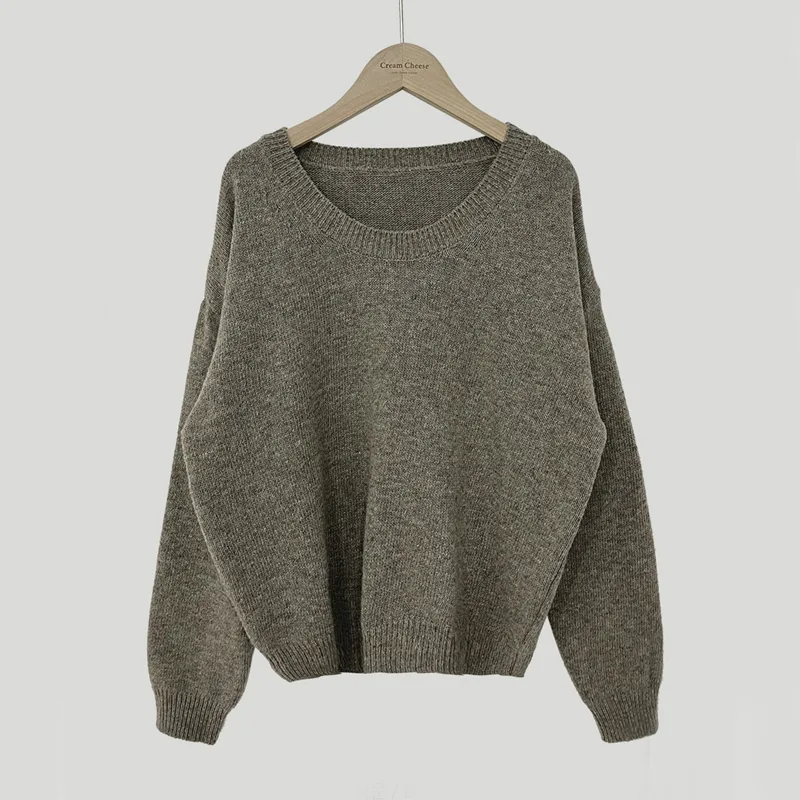 All matching Crew Neck Pullover Sweater Solid Color Long sleeved Knitted Top Coffee - Shop at LoveMi
