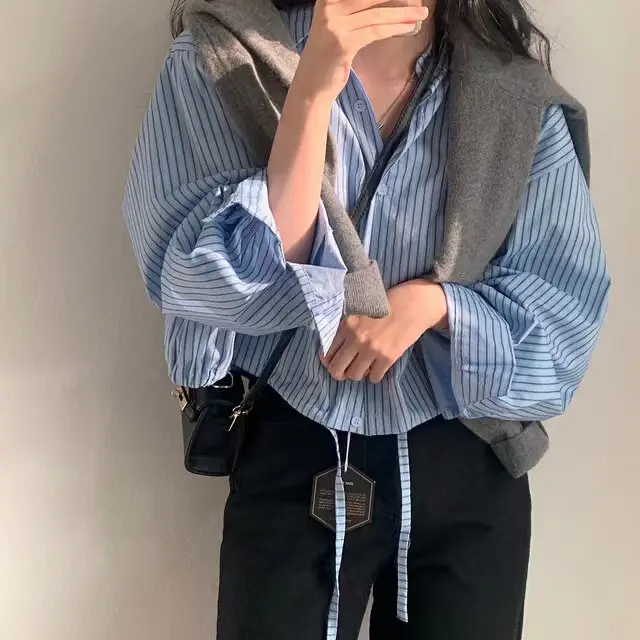Striped Lapel Drawstring Long sleeved Shirt Women's Loose Short Blue Stripe - Shop at LoveMi