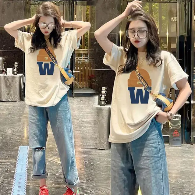 All matching Letter Print Short sleeve T shirt Women's Round Neck Top Apricot W Hat - Shop at LoveMi