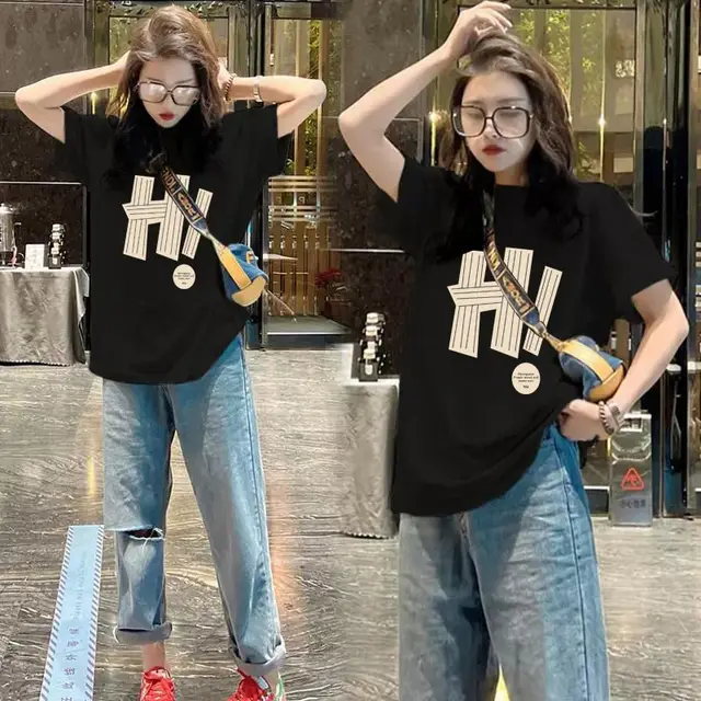 All matching Letter Print Short sleeve T shirt Women's Round Neck Top Black Hi - Shop at LoveMi