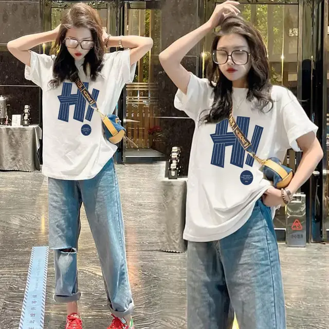 All matching Letter Print Short sleeve T shirt Women's Round Neck Top White Hi - Shop at LoveMi