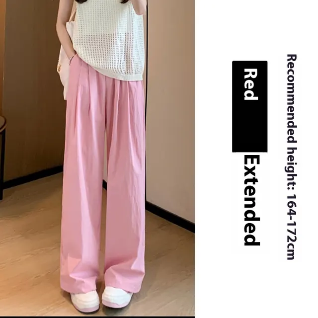 High Waist Drooping Straight Pleated Cotton And Linen Casual Pants Pink Lengthened - Shop at LoveMi