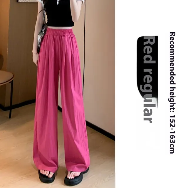 High Waist Drooping Straight Pleated Cotton And Linen Casual Pants Raspberry Color Regular - Shop at LoveMi