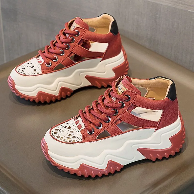 Soft Leather Hollow Sandals For Women All match Breathable Red - Shop at LoveMi