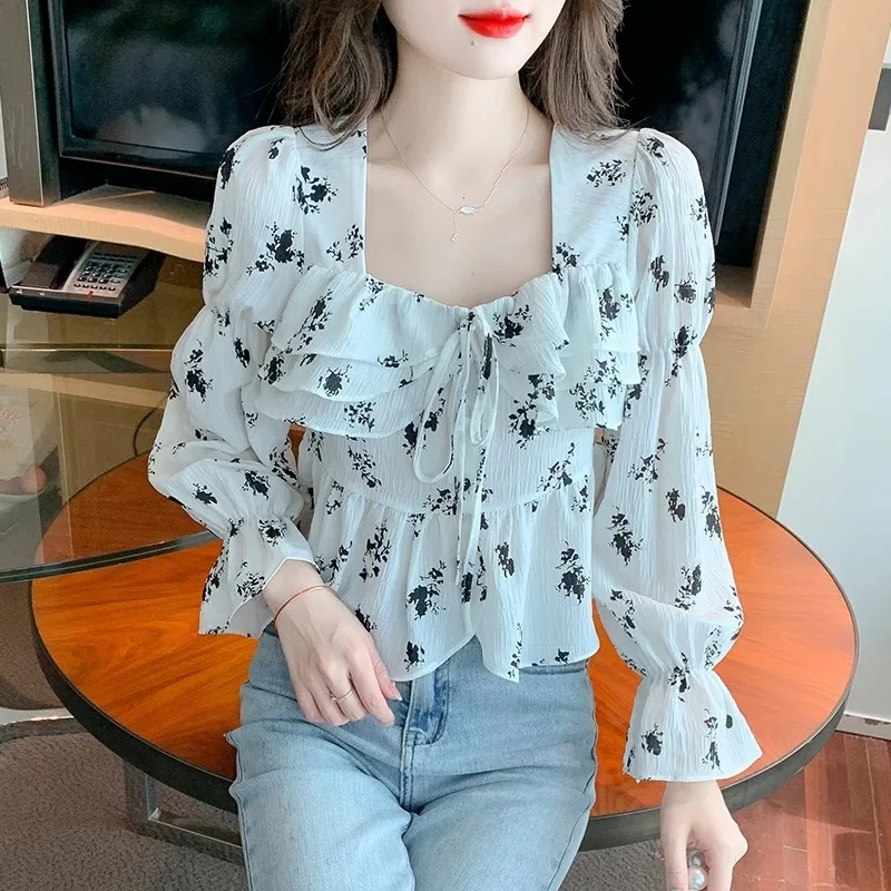 Gentle Plus Size Square Collar Floral Print Long Sleeve Shirt Floral - Shop at LoveMi