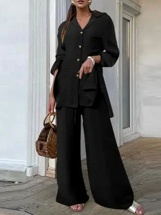 Women's Leopard Print Casual Loose Outfit - Solid Color Black - View 1