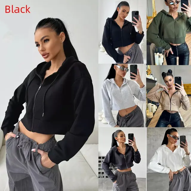 Fashion Hoodies Zipper Hooded Drawstring Short Long Sleeve Sweater Black - Shop at LoveMi